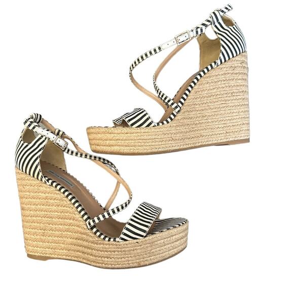 Tabitha Simmons Black and Beige Striped Espadrille Wedge Sandals Size 40 US 9 - Picture 6 of 11